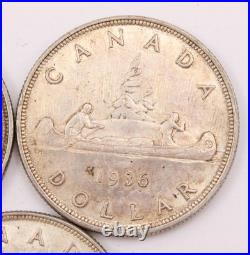 5x 1936 Canada silver dollars 5-coins VF and EF