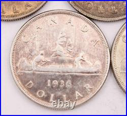 5x 1936 Canada silver dollars 5-coins VF and EF