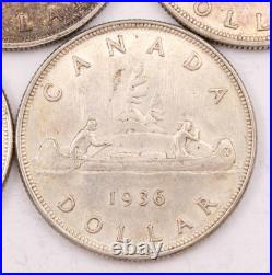 5x 1936 Canada silver dollars 5-coins VF and EF