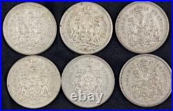 6 Circulated Canadian Silver 50 Cent Coins 1959-1965. Approx 1.8 Oz Silver
