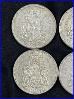 6 Circulated Canadian Silver 50 Cent Coins 1959-1965. Approx 1.8 Oz Silver