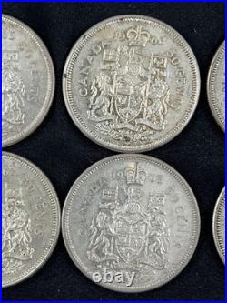 6 Circulated Canadian Silver 50 Cent Coins 1959-1965. Approx 1.8 Oz Silver