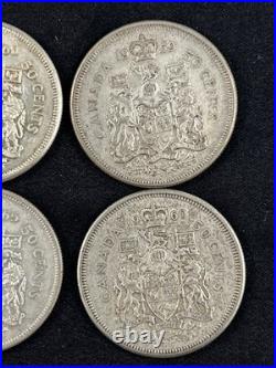 6 Circulated Canadian Silver 50 Cent Coins 1959-1965. Approx 1.8 Oz Silver