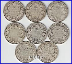 8 X Canada 50 Cents George V Canadian Sterling Silver Coins 1911 1919