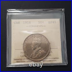 BEAUTIFUL 1916 Canada 50 Cents SILVER Coin. ICCS Graded. EF-45