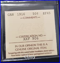 BEAUTIFUL 1916 Canada 50 Cents SILVER Coin. ICCS Graded. EF-45