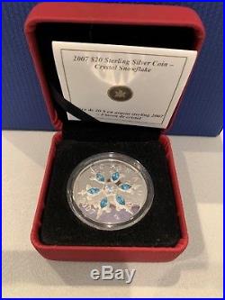 Blue Crystal Snowflake 2007 Canada $20 Sterling Silver Coin WithBox & COA
