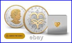 CELEBRATE LOVE 2024 CANADA 1oz. 9999 Pure Silver $20 Coin w Yellow Gold Plating