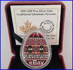 COA#98. 2016 Canada Traditional Ukrainian Pysanka 1OZ $20 Egg Shaped Silver Coin