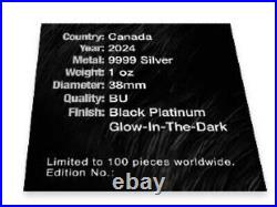 Canada2024 BlackWolf 1oz Silver MapleLeaf BLK Platinum Coin withGlowInDarkEyes