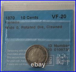 Canada 10 Cents 1870 Wide 0, Rotated Die CCCS VF-20, Rare error coin, cleaned