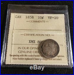 Canada 1858 10 cents VF-20 ICCS Certified Grade Nice Silver Coin RARE First Year