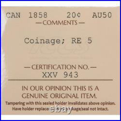 Canada 1858 20 Cents Silver Coin One Year Type! ICCS AU-50