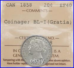 Canada 1858 Blundered I in Gratia 20 Cents Silver Coin ICCS EF-40