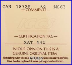 Canada 1872-H 5 Cents Silver Coin ICCS MS-63 Canada 1872-H 5 Cents Silver Coin ICCS MS-63