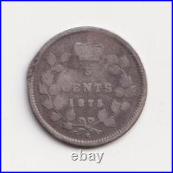 Canada 1875 5c Five Cent Silver Coin Queen Victoria. 925 Silver Small Date