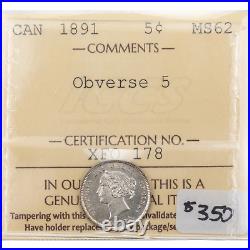 Canada 1891 Obv 5 Five Cents Silver Coin ICCS MS-62