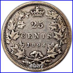 Canada 1894 25 Cents Quarter Silver Coin F-15 (cleaned)