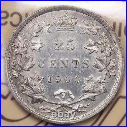 Canada 1900 25 Cents Quarter Silver Coin ICCS AU-50