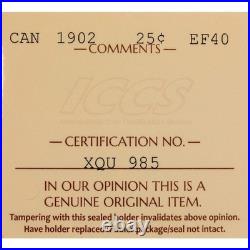 Canada 1902 25 Cents Quarter Silver Coin ICCS EF-40