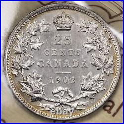 Canada 1902 25 Cents Quarter Silver Coin ICCS EF-40 (cleaned)