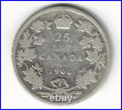 Canada 1906 Small Crown Twenty Five Cents Quarter Edward VII 925 Silver Coin