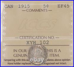 Canada 1915 5 Cents Silver Coin ICCS EF-45