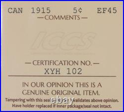 Canada 1915 5 Cents Silver Coin ICCS EF-45