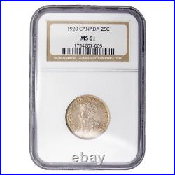 Canada 1920 25 Cents Quarter Silver Coin NGC MS-61