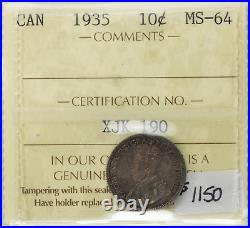 Canada 1935 10 Ten Cents Silver Coin ICCS MS-64