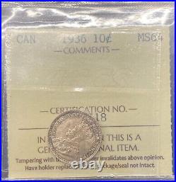 Canada 1936 10 Cents Silver Coin ICCS MS 64