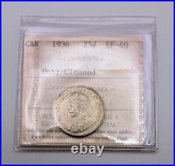 Canada 1936 Dot Silver 25 Cents Coin ICCS EF-40 Cleaned