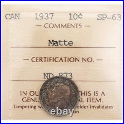 Canada 1937 10 Cents Dime Matte Specimen Silver Coin ICCS SP-63