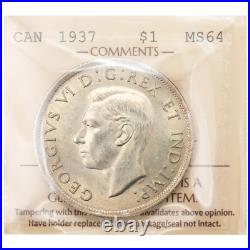 Canada 1937 $1 Silver Dollar Coin ICCS MS-64 Canada 1937 $1 Silver Dollar Coin ICCS MS-64