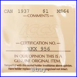 Canada 1937 $1 Silver Dollar Coin ICCS MS-64 Canada 1937 $1 Silver Dollar Coin ICCS MS-64