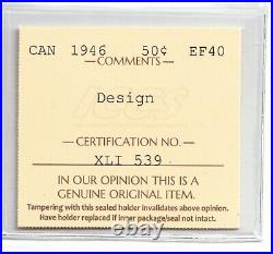 Canada 1946 Design 50 Cents King George VI 800 Silver Coin Graded Iccs Ef40
