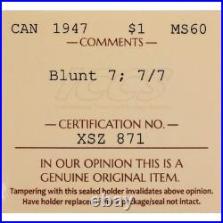 Canada 1947 Blunt 7 7/7 $1 Silver Dollar Coin ICCS MS-60