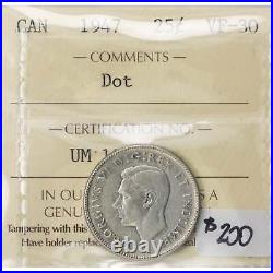Canada 1947 Dot 25 Cents Quarter Silver Coin ICCS VF-30