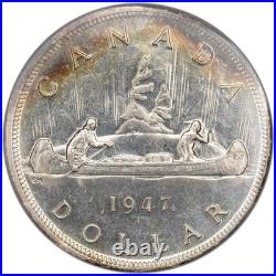 Canada 1947 Maple Leaf Dbl HP $1 Silver Dollar Coin ICCS AU-55