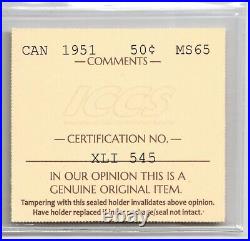 Canada 1951 50 Cents King George VI 800 Silver Coin Graded Iccs Ms65