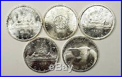 Canada 1963 1964 1965 1966 1967 Silver $1.00 One Dollar Coin Lot Of 5
