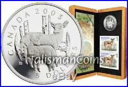 Canada 2005 White Tailed Deer and Fawn Coin + Stamps Set $5 Pure Silver Proof