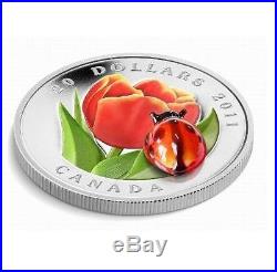 Canada 2011 CANADIAN 20 DOLLAR 1oz. 9999 SILVER COIN TULIP WITH GLASS LADYBUG