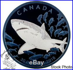 Canada 2018 $30 Great White Shark 2 oz. Pure Silver Coin Blue Rhodium Plating