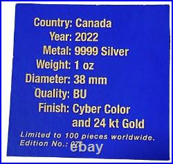 Canada 2022 Maple Leaf $5 0.9999 Silver 1 Oz Coin 24 kt Gold Finish UNC w COA