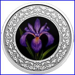 Canada $3 Pure Silver Coloured Coin, Blue Iris Floral Quebec emblem, 2020