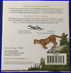 Canada Face Value Series 2016 $100 for $100 Fine Silver Coin Cougar, UNC