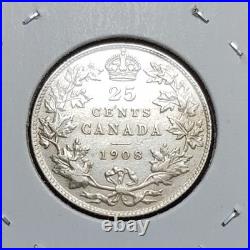 Canada coin, 25 cents, silver, 1908, very nice condition
