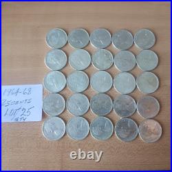 Canada coin, 25 cents, silver, 1964-68, Lot of 25, Silver Quarter