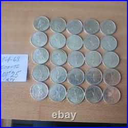 Canada coin, 25 cents, silver, 1964-68, Lot of 25, Silver Quarter